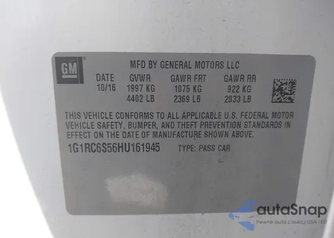 2017 Chevrolet Volt Lt z USA, uszkodzony, nr VIN 1G1RC6S56HU161945